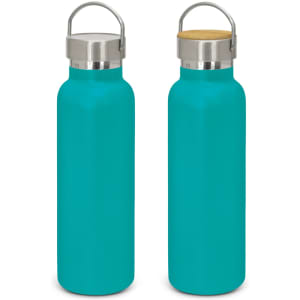 A drink bottle in a vibrant teal colour with a stainless steel lid and a wooden top, featuring a logo.