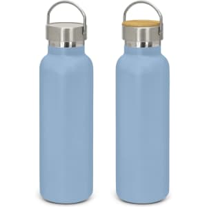 A drink bottle in powder-coated light blue with a stainless steel lid and bamboo top, featuring a handle and logo.