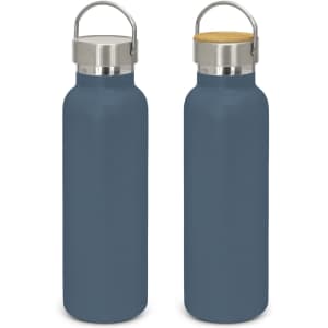 A drink bottle with a powder-coated matte navy finish and a stainless steel top with a wooden accent. It features a logo.