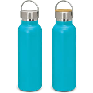 A drink bottle in a vibrant turquoise colour with a stainless steel and bamboo lid; features a logo.