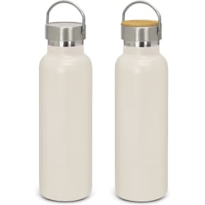 A drink bottle featuring a powder-coated cream finish with a stainless steel lid and a wooden accent. It has a logo.
