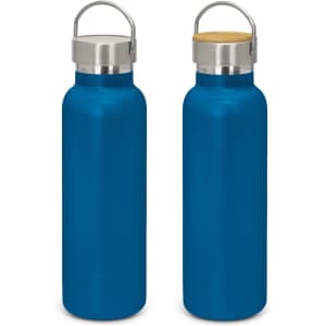 A drink bottle in a vibrant blue colour, featuring a stainless steel lid and a wooden accent, with a brand logo.