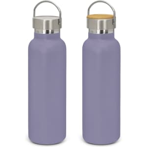 A drink bottle featuring a powder-coated lavender exterior, stainless steel top, and wooden lid, with a logo.