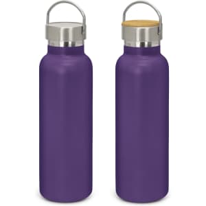 A drink bottle in a vibrant purple finish with a stainless steel lid and a bamboo top. It features a logo.