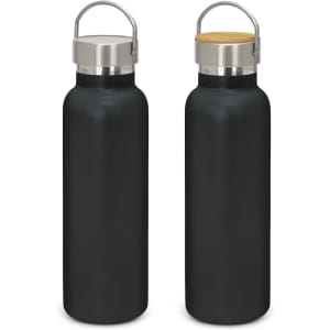 A drink bottle in matte black with a stainless steel lid and a bamboo top, featuring a logo on the side.
