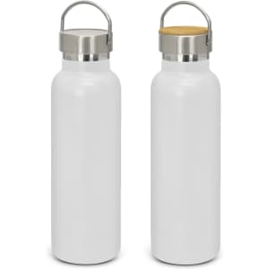 A drink bottle featuring a sleek white powder-coated finish, stainless steel cap, and a bamboo top.