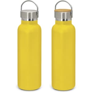 A drink bottle in bright yellow with a stainless steel lid and a wooden top, featuring a branding logo.