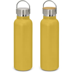 A drink bottle in a vibrant yellow, featuring a stainless steel lid and a wooden accent, with a sleek powder-coated finish.