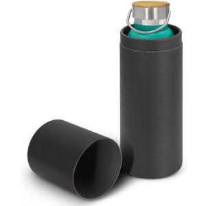 A drink bottle in a turquoise finish, housed in a matte black cylindrical container with a wooden lid and handle.