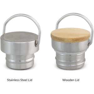 A drink bottle with a stainless steel lid on one side and a wooden lid on the other, showcasing a sleek stainless finish.