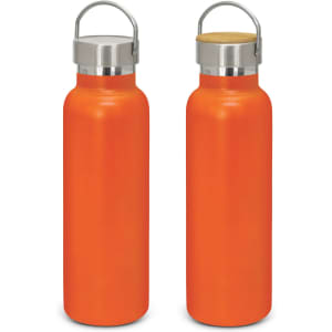A drink bottle featuring a vibrant orange powder-coated exterior and a stainless steel lid with a wooden cap.