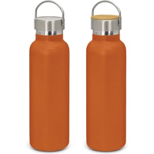 A drink bottle in a vibrant orange finish with a stainless steel lid and a bamboo top. It features a logo.