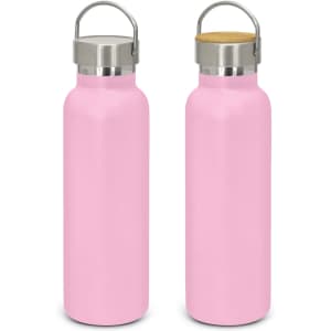 A drink bottle in a soft pink powder-coated finish with a metallic lid and wooden accent. Features a logo on one side.