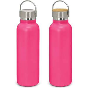 A drink bottle in vibrant pink with a stainless steel lid and a wooden accent. Features a branding logo.