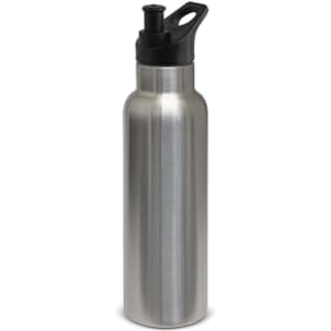 A drink bottle in stainless steel with a black spout and handle, featuring a logo on the side.