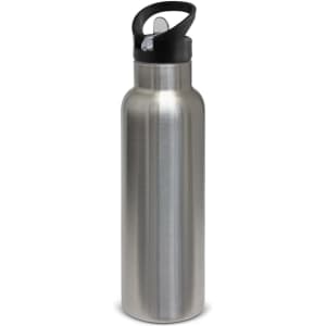 A drink bottle featuring a sleek stainless steel design with a black lid and carrying handle, plus a logo.