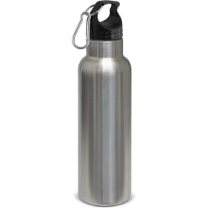 A drink bottle with a stainless steel finish and a black lid, featuring a logo and a carabiner clip.