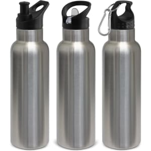 A drink bottle trio featuring a stainless steel finish with black lids and a clip-on cap. Each has a different spout design.