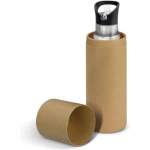 A drink bottle made of stainless steel, featuring a black lid, presented in a cylindrical brown cardboard packaging.