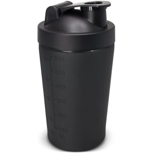 A drink bottle in black, featuring measurement markings and a flip-top lid, with a branding logo.
