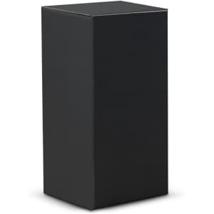 A drink bottle in a sleek black box, featuring a simple design and a logo on the front.