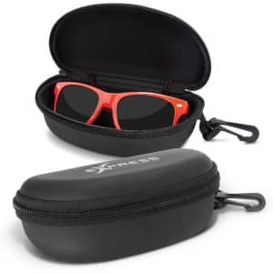 A black zippered sunglass case with a bright red pair of sunglasses inside. The case features a logo.