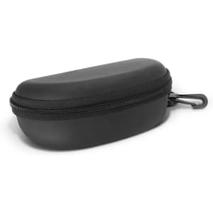A black zippered case with a rounded shape, designed to hold sunglasses or similar items. It features a secure closure and a clip.