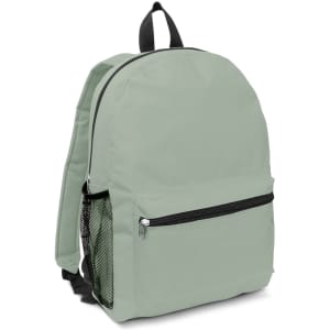 A green backpack with a front zip pocket and a mesh side pocket, featuring a logo on the front.