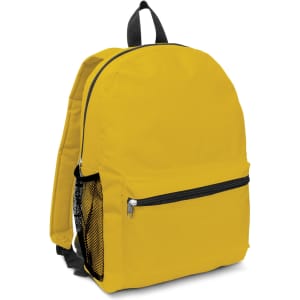 A yellow backpack with a front zip pocket and a side mesh pocket. It has a black strap and detailing.