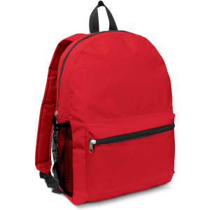 A red backpack with a front pocket and a mesh side pocket, featuring adjustable shoulder straps and a logo.