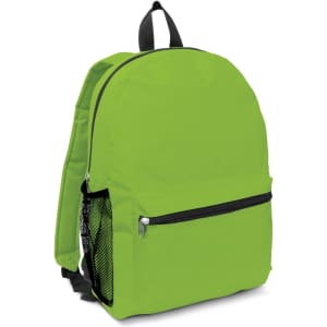 A bright green backpack featuring a front zip pocket and side mesh pocket, with adjustable shoulder straps.