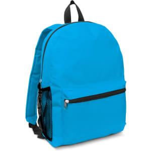 A turquoise backpack with a zippered front pocket and side mesh pocket, featuring black straps.
