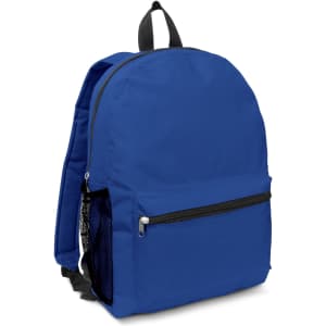 A blue backpack with a front pocket, mesh side pocket, and adjustable straps, featuring a logo on the front.