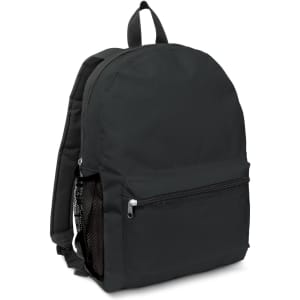 A black backpack with a front pocket, side mesh pocket, and adjustable straps. Includes a logo on the front.