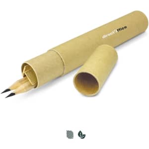 A Kraft pen and pencil set in a cylindrical cardboard case, featuring wooden pens in natural tones. Includes a logo.