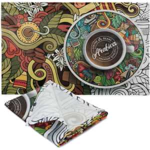 A vibrant, patterned tea towel featuring earthy tones and intricate designs, with a logo placed in the centre.