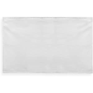 A white cotton tea towel featuring a plain design and a logo. Ideal for kitchen use.