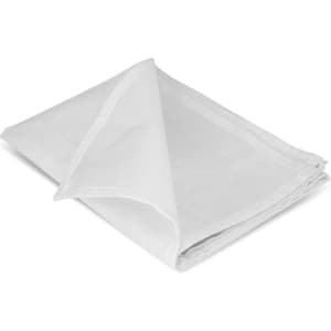 A folded white cotton tea towel made of soft fabric, featuring a logo.