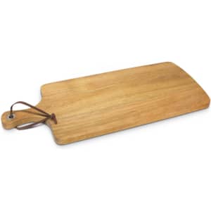 A wooden chopping board with a leather hanging loop, featuring a natural finish and smooth surface.