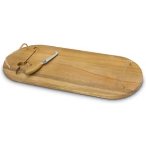 A wooden cheese board with rope handles and a metal knife, featuring a natural finish.