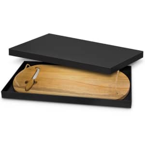 A cheese board in a black box, featuring a natural wood finish and a stainless steel knife.