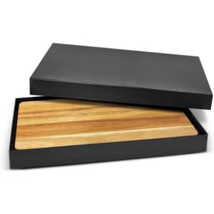 A wooden cheese board in a sleek black box, featuring a smooth, natural wood finish.