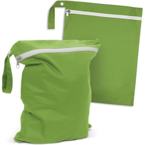 A green Brighton Wet Bag with a zippered closure, accompanied by a flat green bag featuring a zip. Both have a logo.