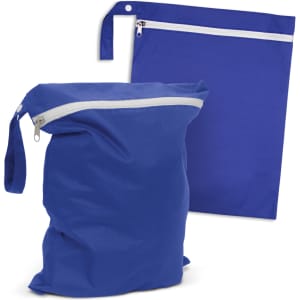 A blue Brighton Wet Bag featuring two zippered compartments, one collapsible and one flat. It has a handle and logo.