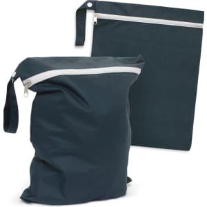 A dark green Brighton Wet Bag and a matching flat pouch with white zippers, both featuring a logo.