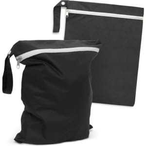 A black wet bag with a zippered closure, featuring a handle and a flat zip pouch. Both have a branded logo.