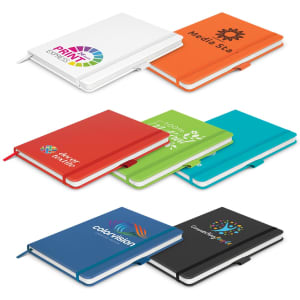 A collection of notebooks in various colours including white, orange, blue, and black, featuring different designs and logos.
