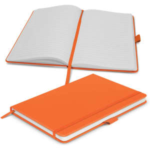 An orange notebook with a flexible cover, featuring blank lined pages and a ribbon bookmark.
