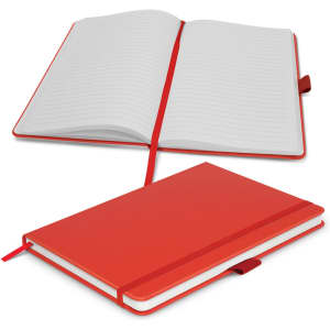 A red notebook with lined pages, featuring an elastic band closure and a bookmark ribbon. Includes a branding logo.