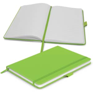A green notebook with lined pages, featuring a flexible cover and a ribbon bookmark. It also has an elastic closure.